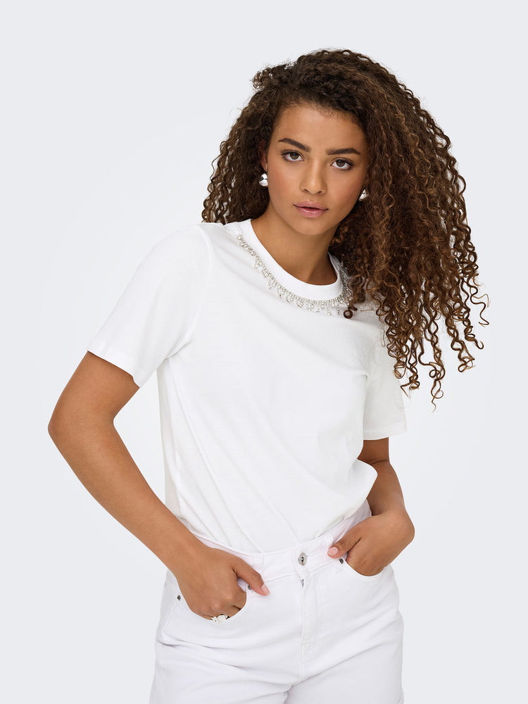Γυναικείο t-shirt με στρας γιακά ONLCHERI LIFE S/S O-NECK CHAIN TOP JRS 15350116 | 15350116
