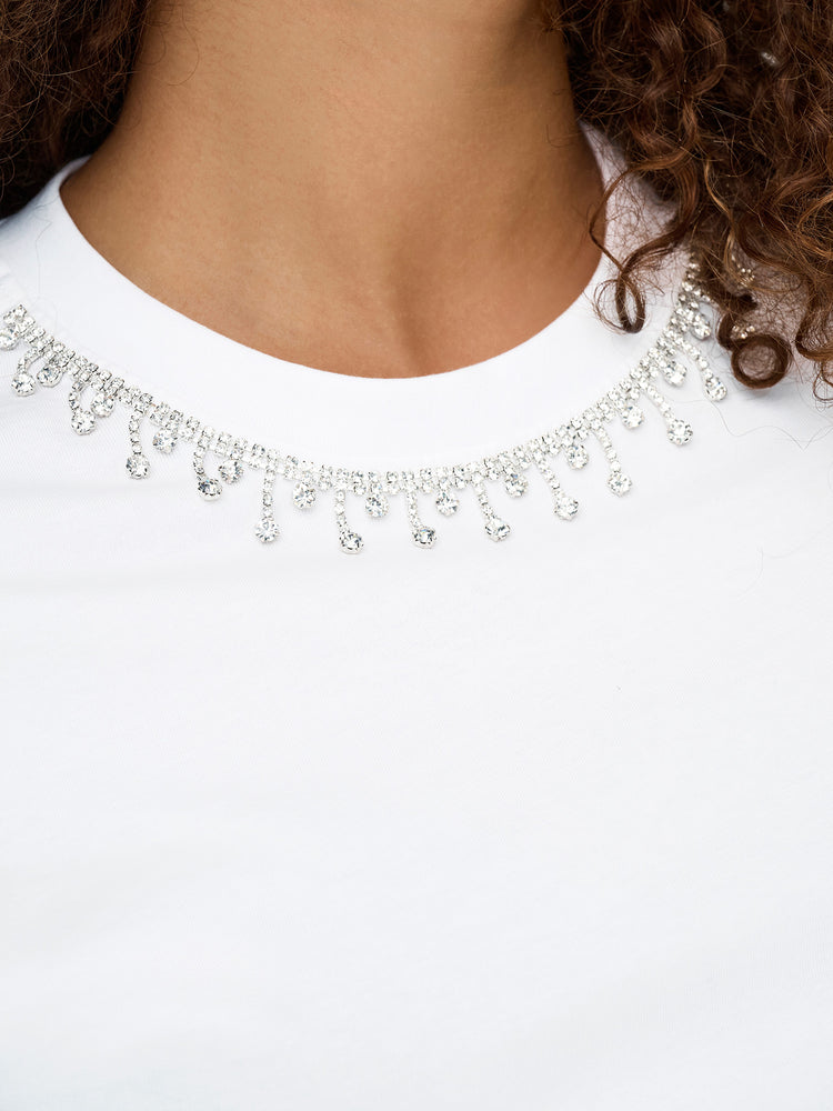 Γυναικείο t-shirt με στρας γιακά ONLCHERI LIFE S/S O-NECK CHAIN TOP JRS 15350116 | 15350116