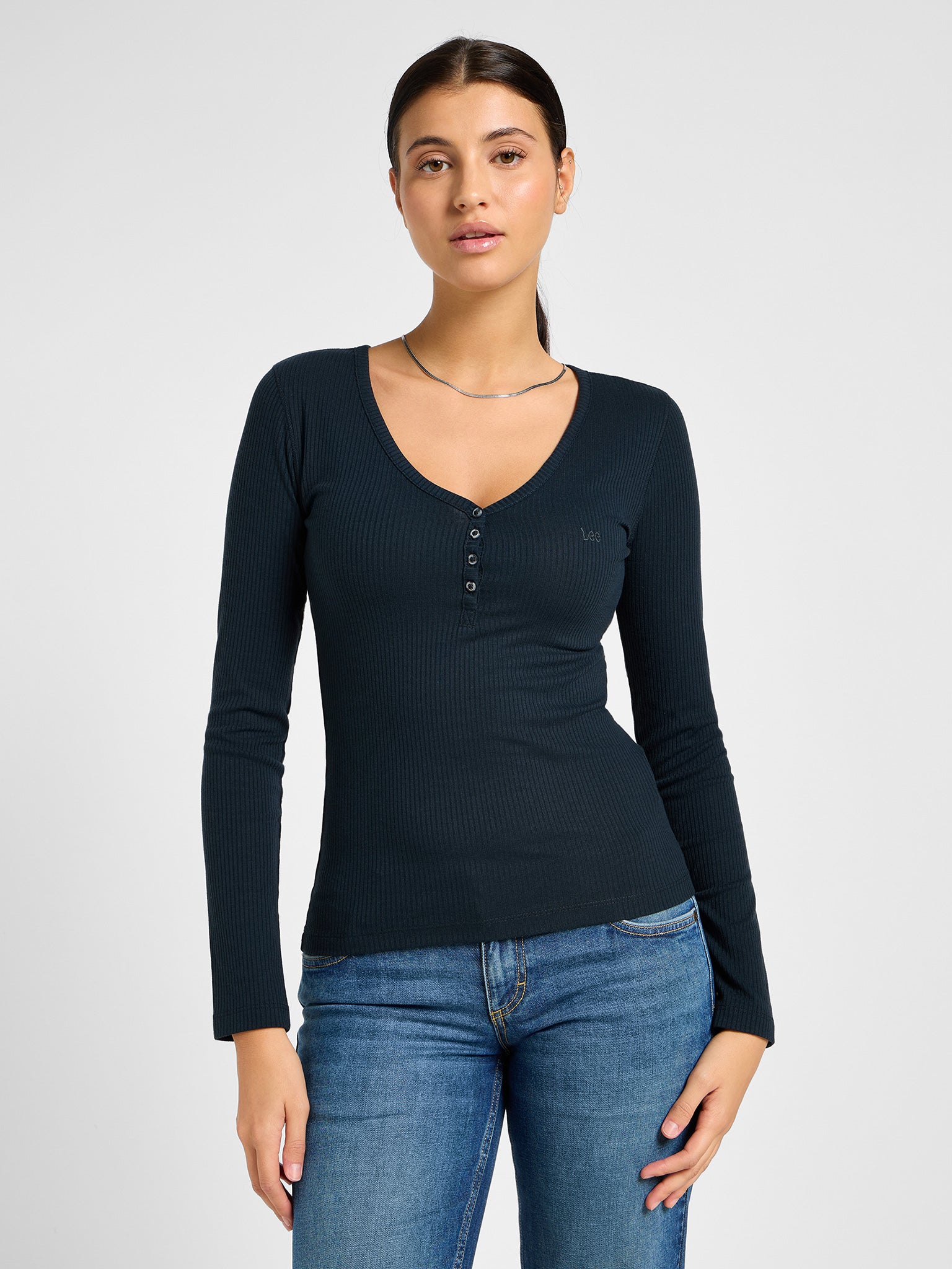 Γυναικεία μπλούζα ριπ Ribbed Long Sleeve Henley in Unionall Blk 112341572 | 112341572