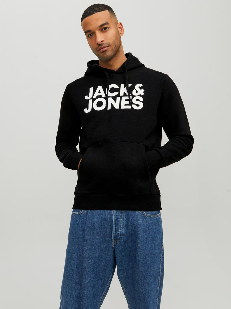 Ανδρικό φούτερ με τύπωμα JJECORP LOGO SWEAT HOOD NOOS black reg/large print 12152840 | 12152840