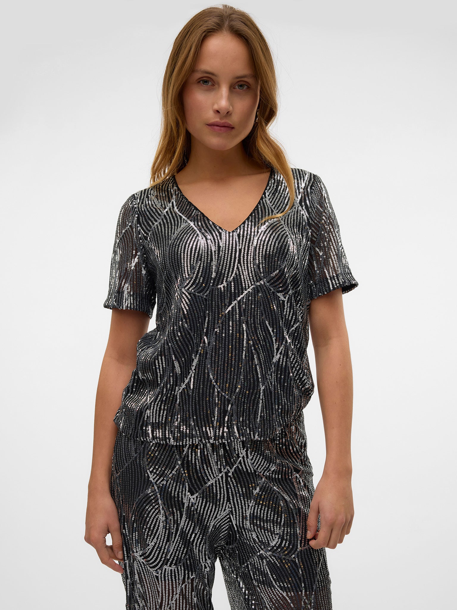 Γυναικεία μπλούζα παγιέτα VMELLEN SS V-NECK TOP JRS 10319014 | 10319014