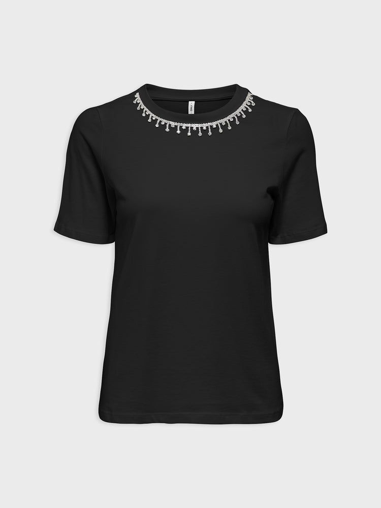Γυναικείο t-shirt με στρας γιακά ONLCHERI LIFE S/S O-NECK CHAIN TOP JRS 15350116 | 15350116