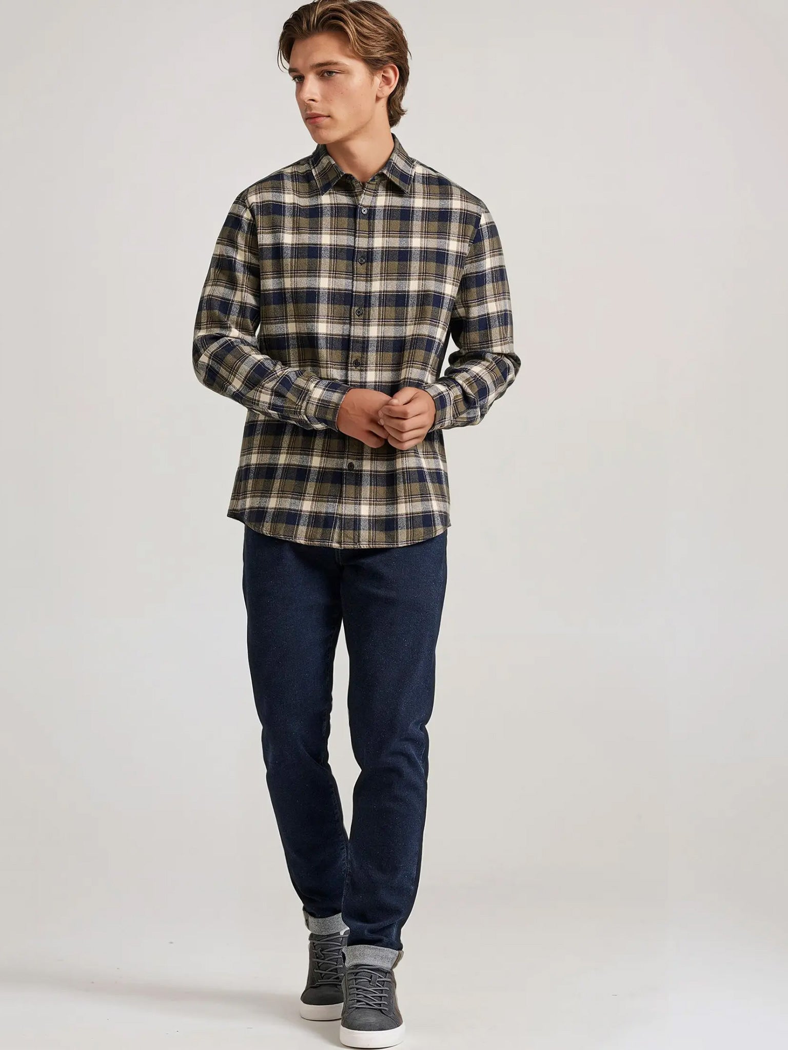 Ανδρικό πουκάμισο καρό FBM010-030-05 KHAKI | FBM010-030-05