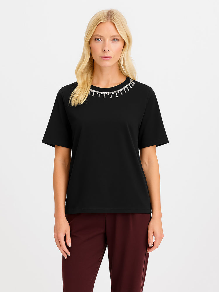 Γυναικείο t-shirt με στρας γιακά ONLCHERI LIFE S/S O-NECK CHAIN TOP JRS 15350116 | 15350116
