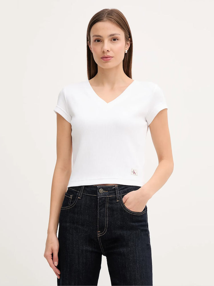 Γυναικεία μπλούζα ριπ A- SS WOVEN LABEL RIB VNECK TEE LV047C910GYAA | LV047C910GYAA