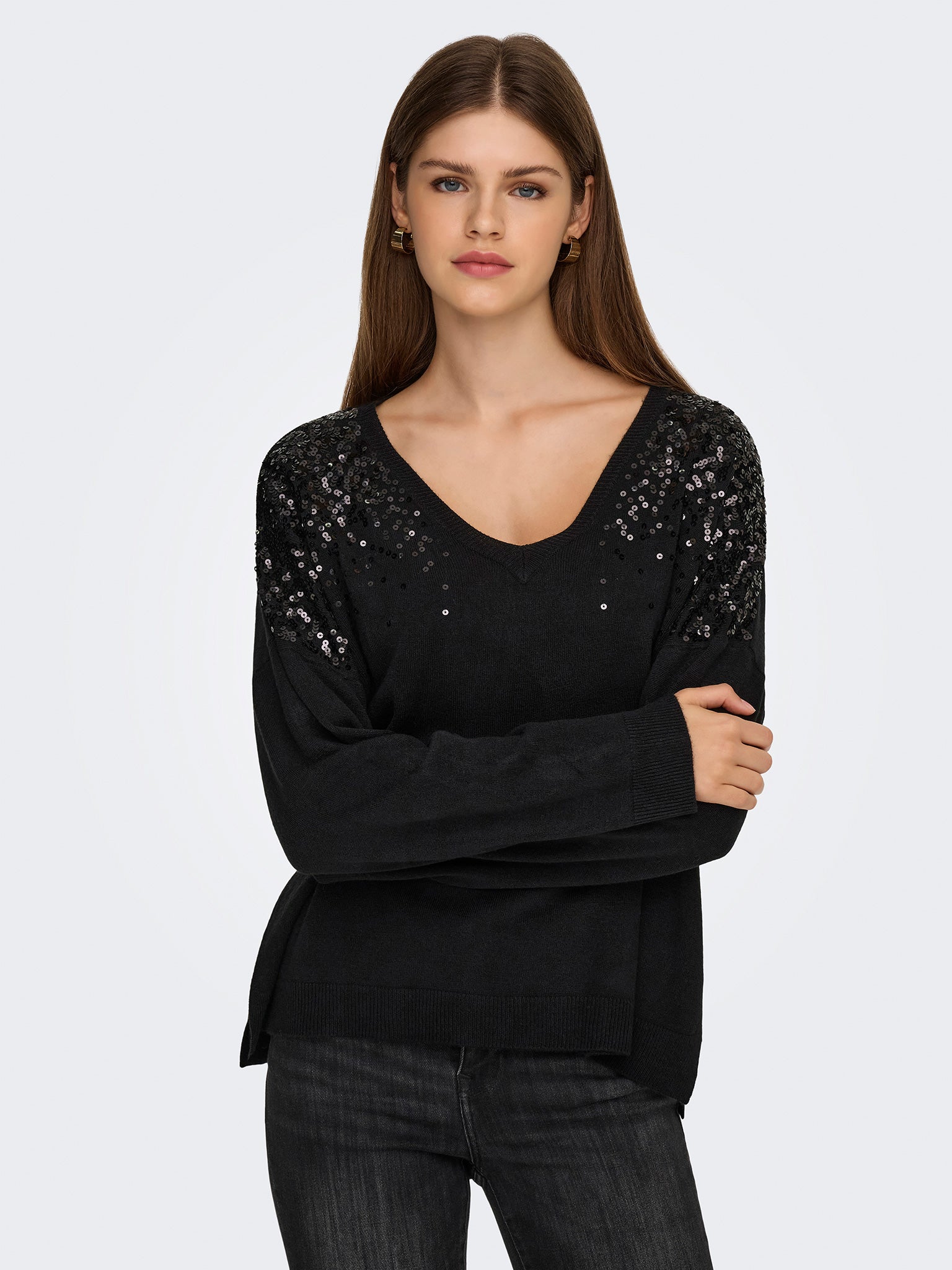 Γυναικεία μπλούζα πλεκτή ONLSTARRY LS SEQUIN BOXY V-NECK KNT 15359241 | 15359241