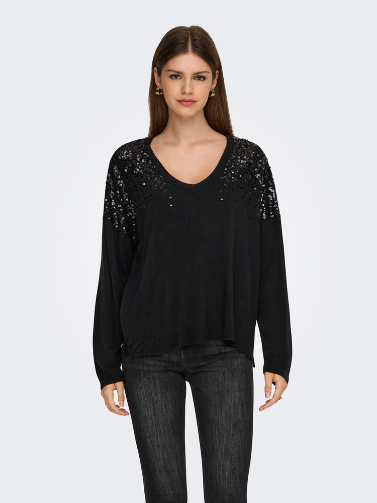 Γυναικεία μπλούζα πλεκτή ONLSTARRY LS SEQUIN BOXY V-NECK KNT 15359241 | 15359241