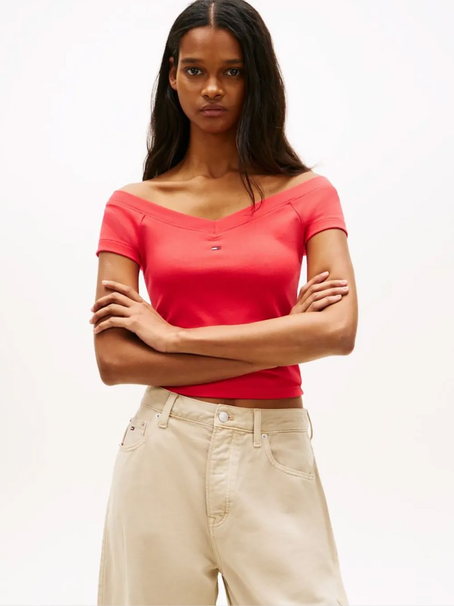 Γυναικεία μπλούζα ριπ TJW SLIM OFF SHOULDER RIB SS TOP DW0DW22265XK3 | DW0DW22265XK3