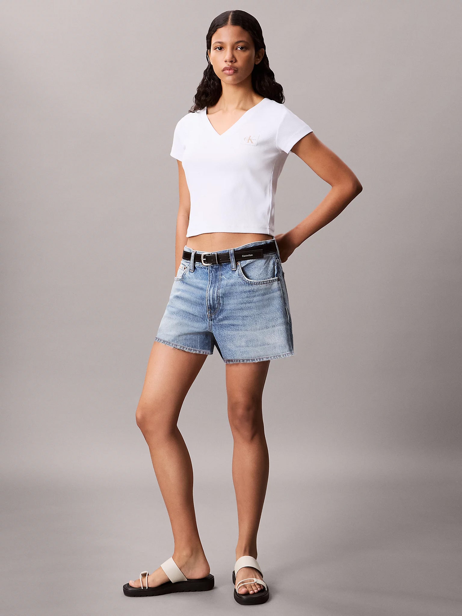 Γυναικεία μπλούζα ριπ A- SS WOVEN LABEL RIB VNECK TEE LV047C910GYAA | LV047C910GYAA