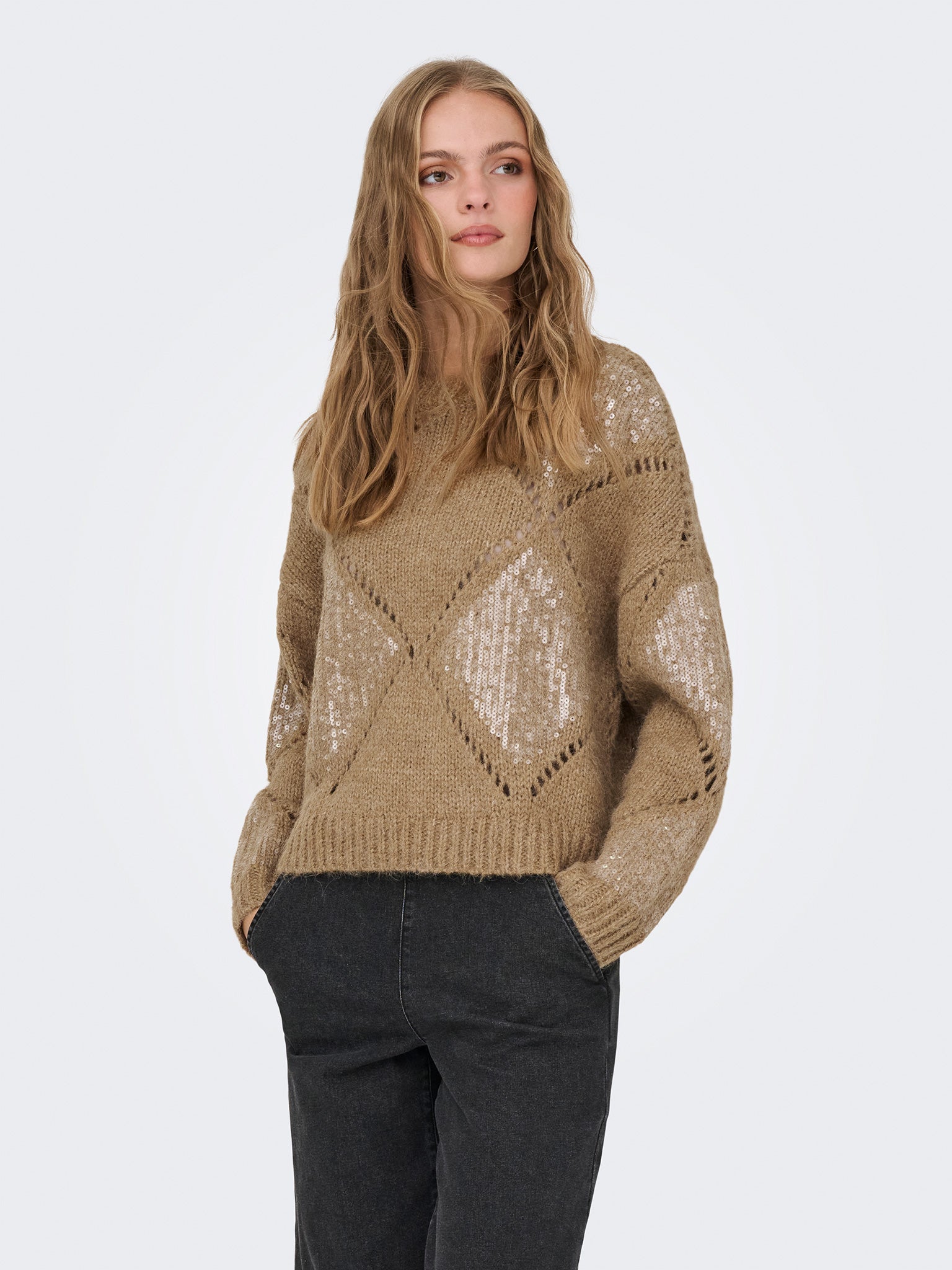 Γυναικεία μπλούζα πλεκτή ONLKANSAS LIFE LS SEQUINS O-NECK KNT 15358402 | 15358402