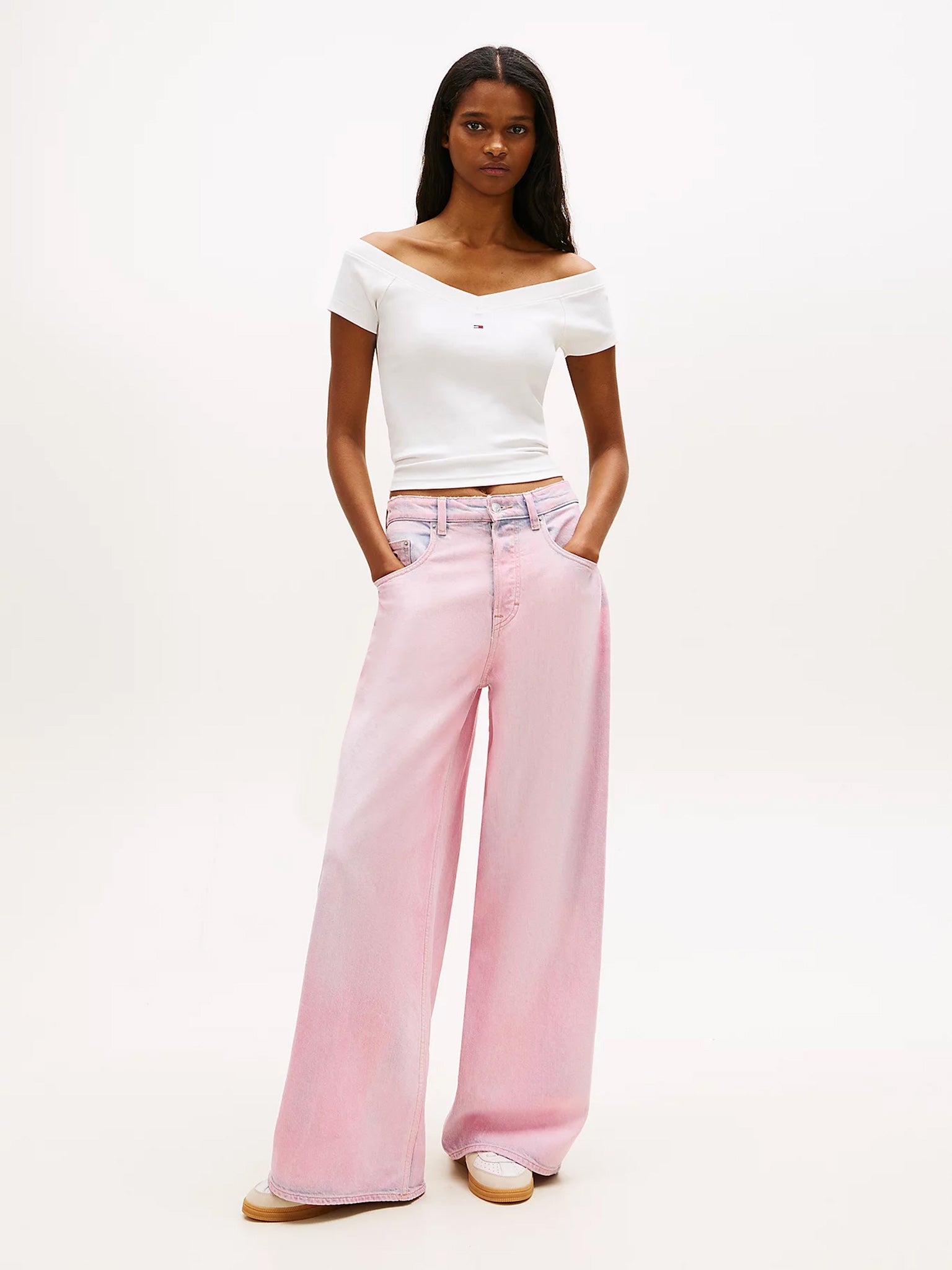 Γυναικεία μπλούζα ριπ TJW SLIM OFF SHOULDER RIB SS TOP DW0DW22265YBL | DW0DW22265YBL