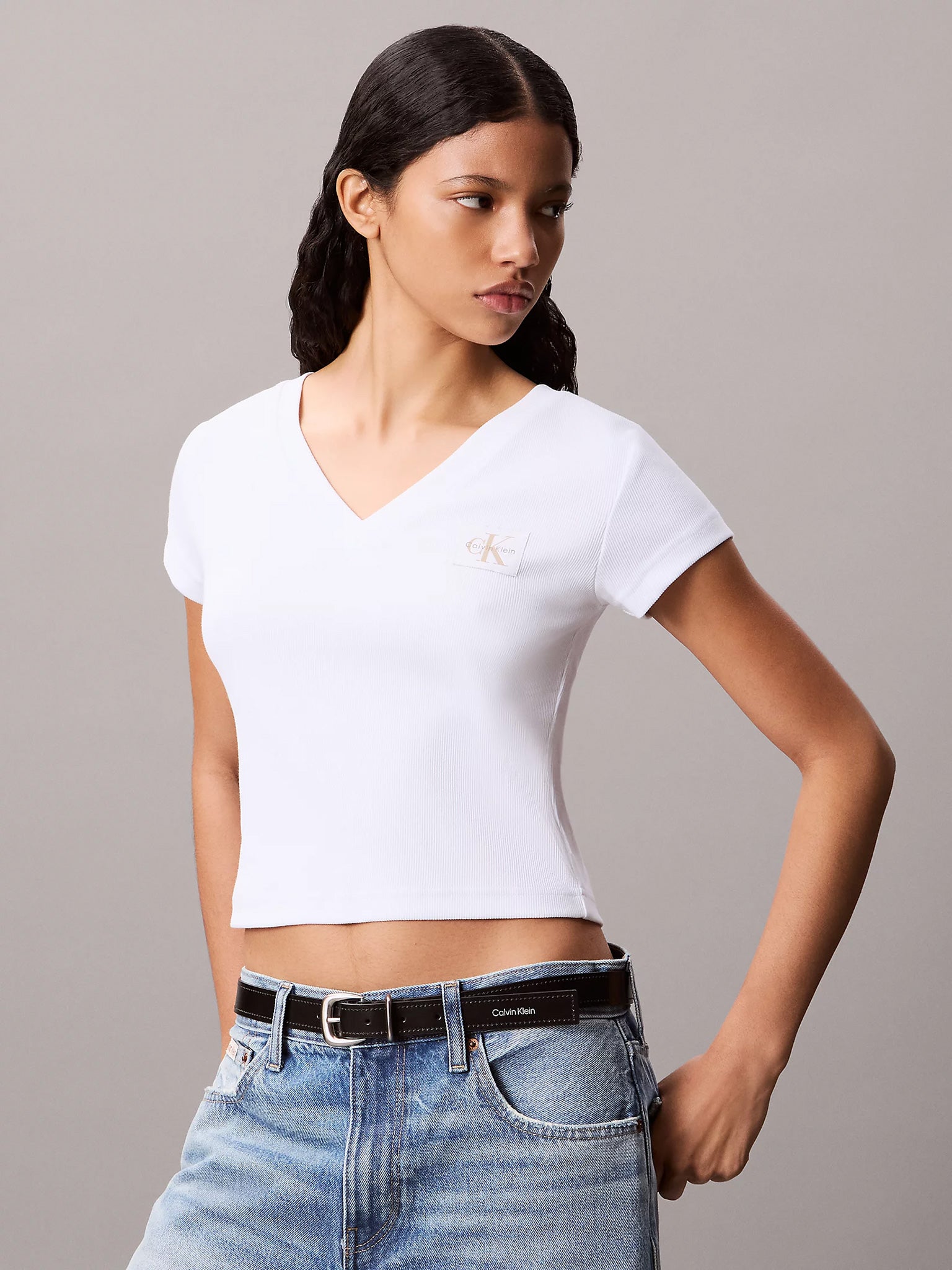 Γυναικεία μπλούζα ριπ A- SS WOVEN LABEL RIB VNECK TEE LV047C910GYAA | LV047C910GYAA