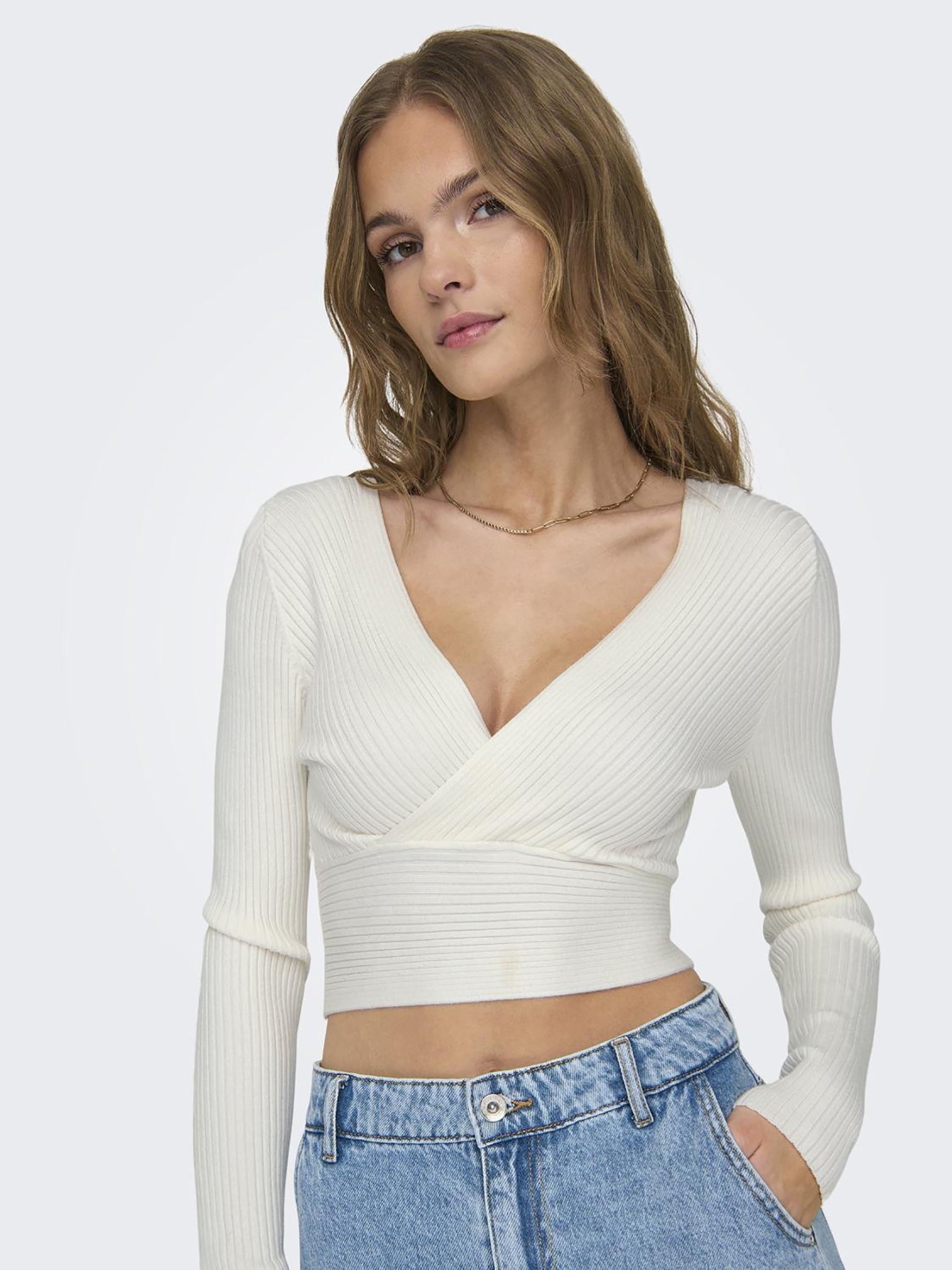 Γυναικεία μπλούζα crop πλεκτή ONLHONOR LS V-NECK CC KNT 15310652 | 15310652