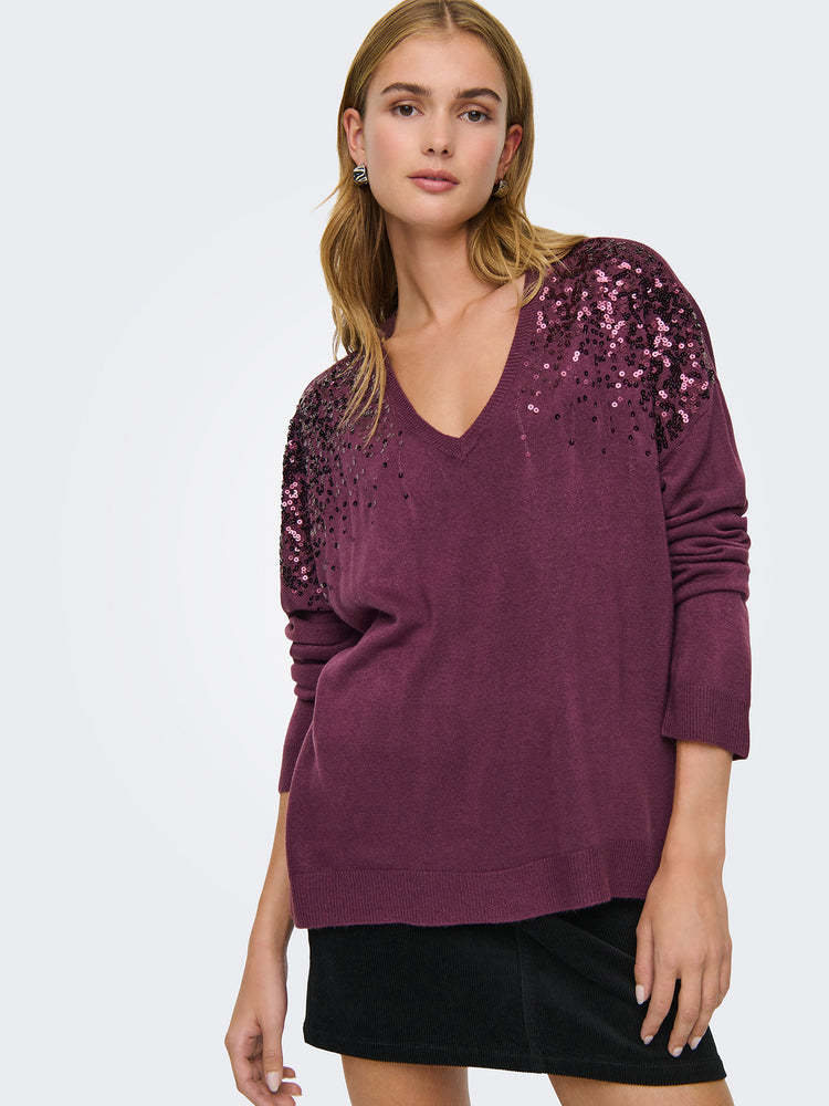 Γυναικεία μπλούζα πλεκτή ONLSTARRY LS SEQUIN BOXY V-NECK KNT 15359241 | 15359241