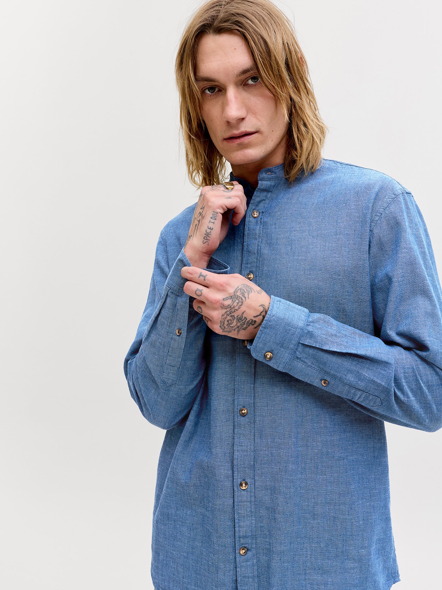 Ανδρικό πουκάμισο mao γιακάς navy JJESUMMER LINEN BLEND BAND SHIRT 12289184 | 12289184