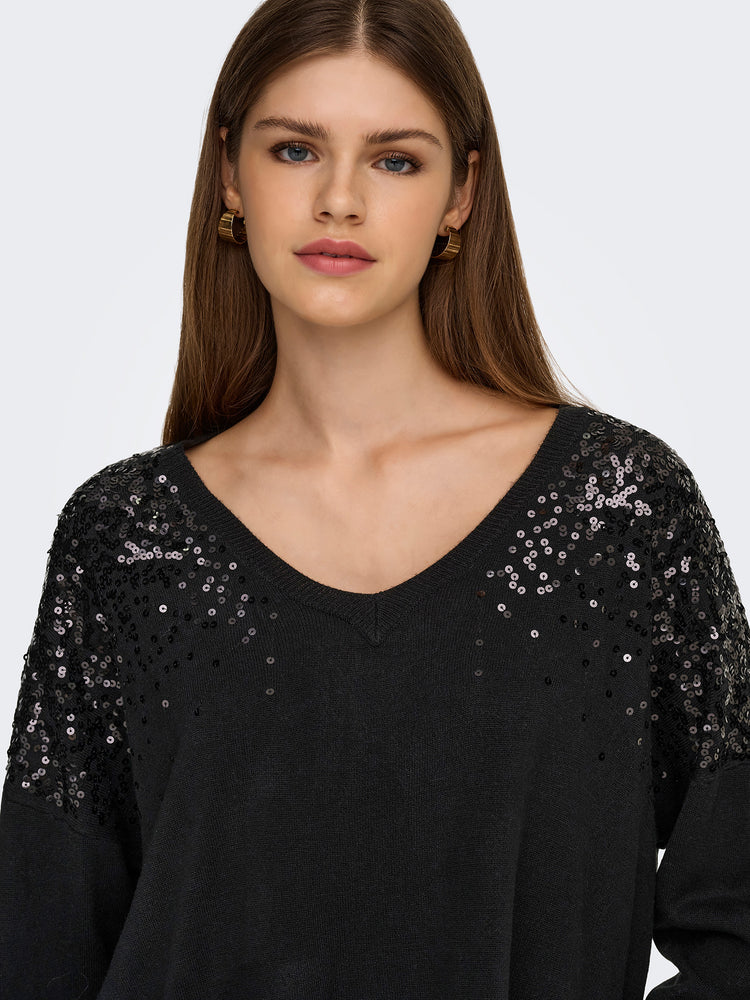 Γυναικεία μπλούζα πλεκτή ONLSTARRY LS SEQUIN BOXY V-NECK KNT 15359241 | 15359241
