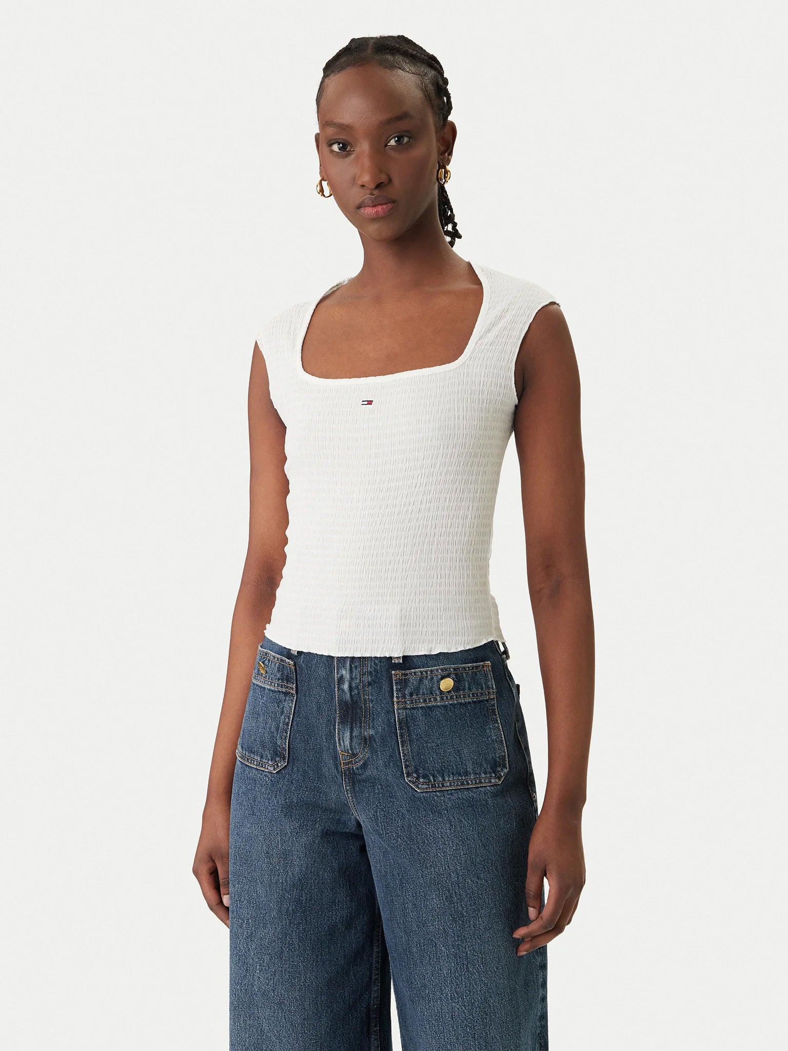Γυναικεία μπλούζα γκοφρέ TJW SLIM SH SQUARE NCK SMOCK TOP DW0DW22220YBL | DW0DW22220YBL