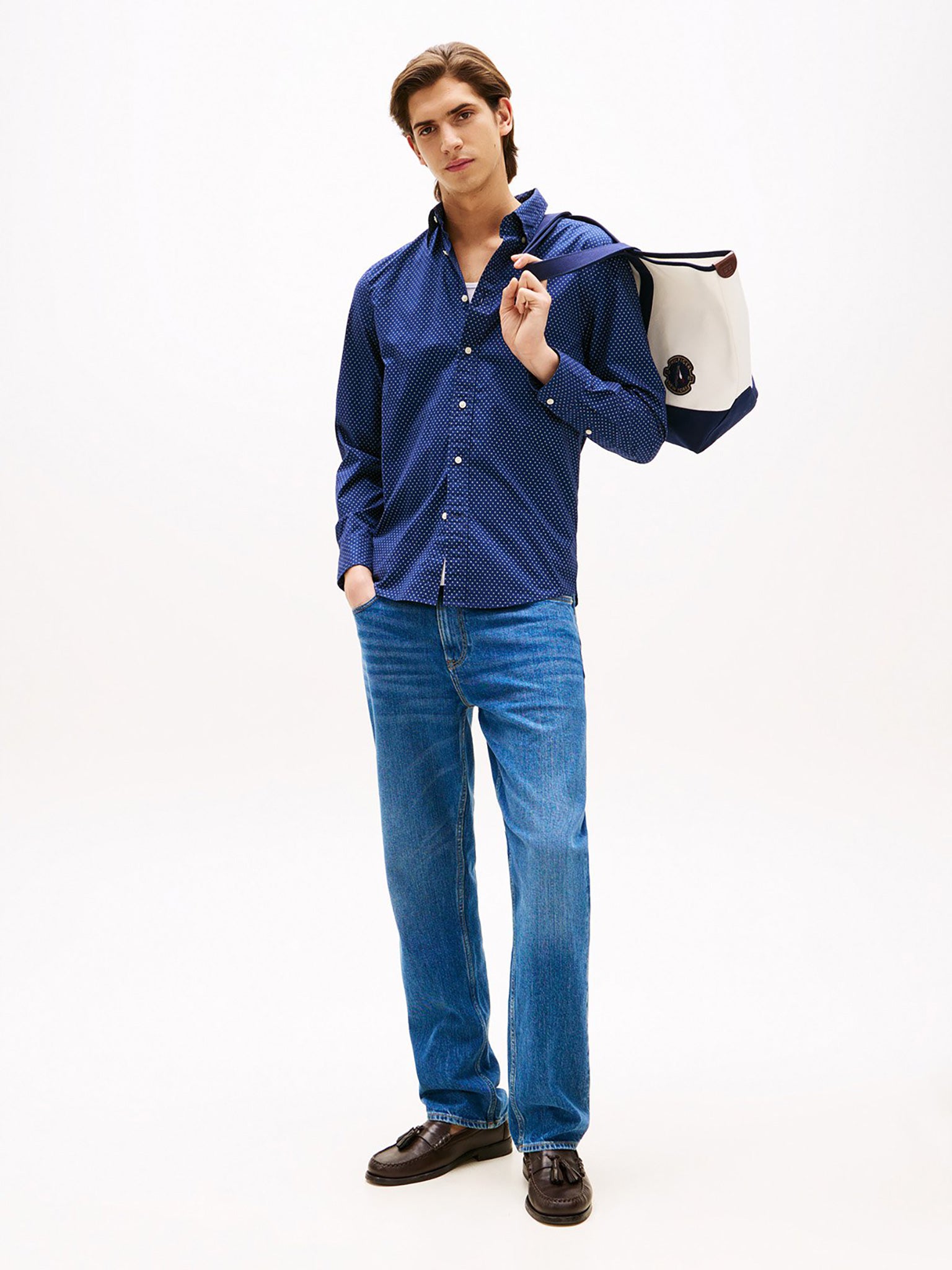 Ανδρικό πουκάμισο μικροσχέδιο FLEX POPLIN FAKE SOLID RF SHIRT MW0MW394370GY | MW0MW394370GY