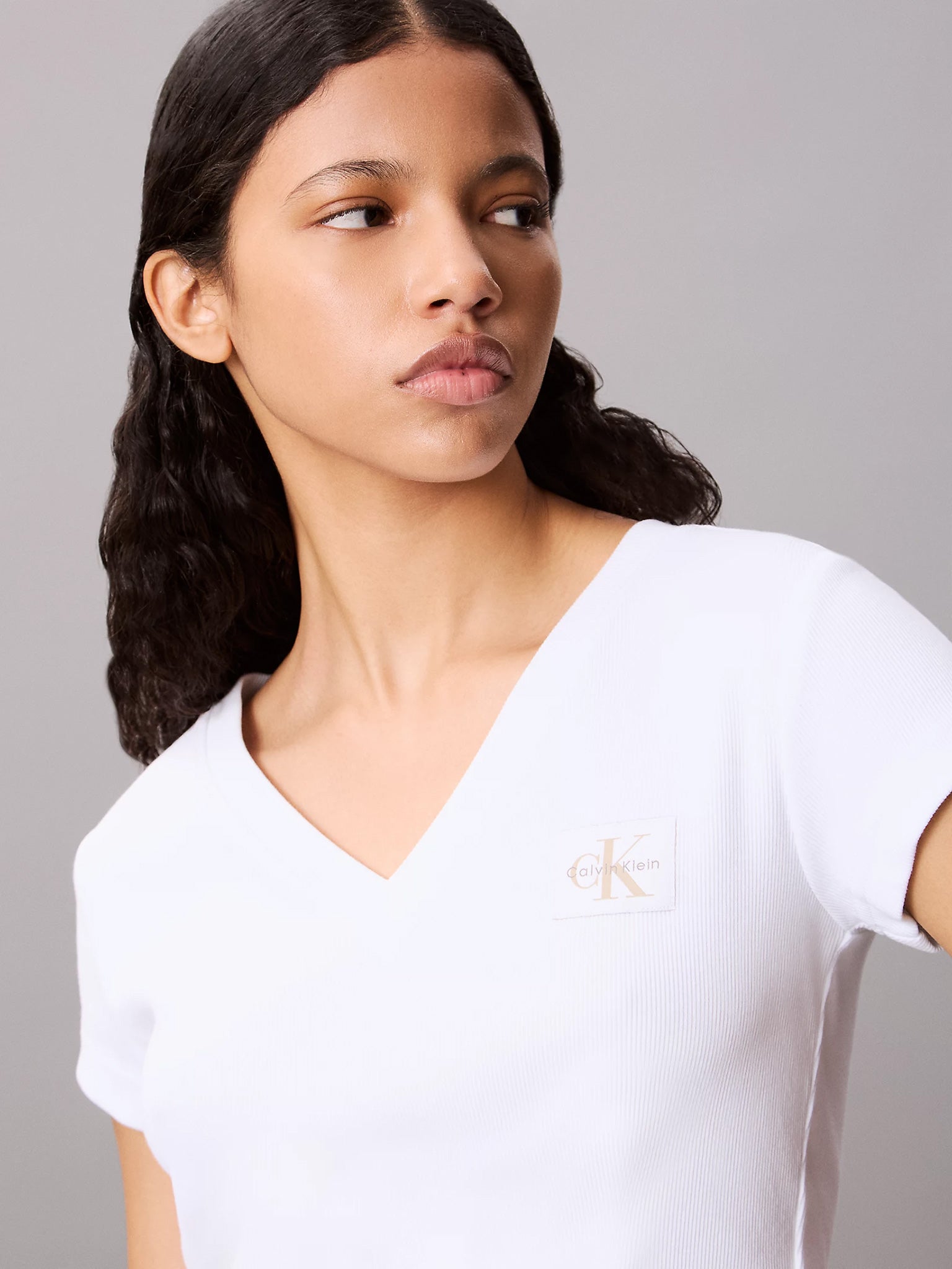 Γυναικεία μπλούζα ριπ A- SS WOVEN LABEL RIB VNECK TEE LV047C910GYAA | LV047C910GYAA