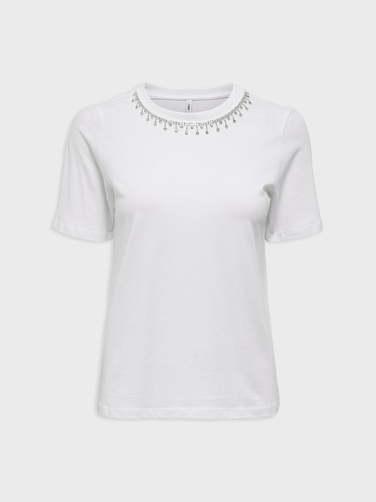 Γυναικείο t-shirt με στρας γιακά ONLCHERI LIFE S/S O-NECK CHAIN TOP JRS 15350116 | 15350116