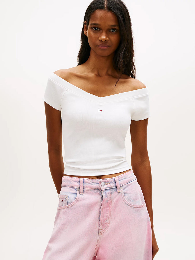 Γυναικεία μπλούζα ριπ TJW SLIM OFF SHOULDER RIB SS TOP DW0DW22265YBL | DW0DW22265YBL
