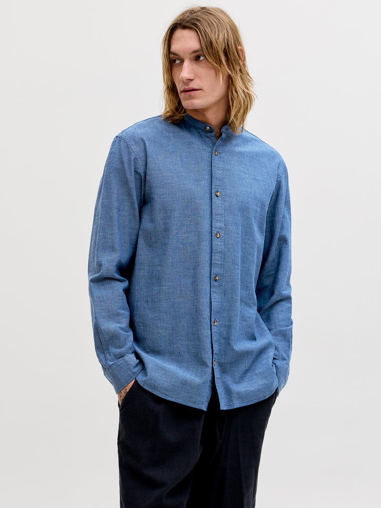 Ανδρικό πουκάμισο mao γιακάς navy JJESUMMER LINEN BLEND BAND SHIRT 12289184 | 12289184