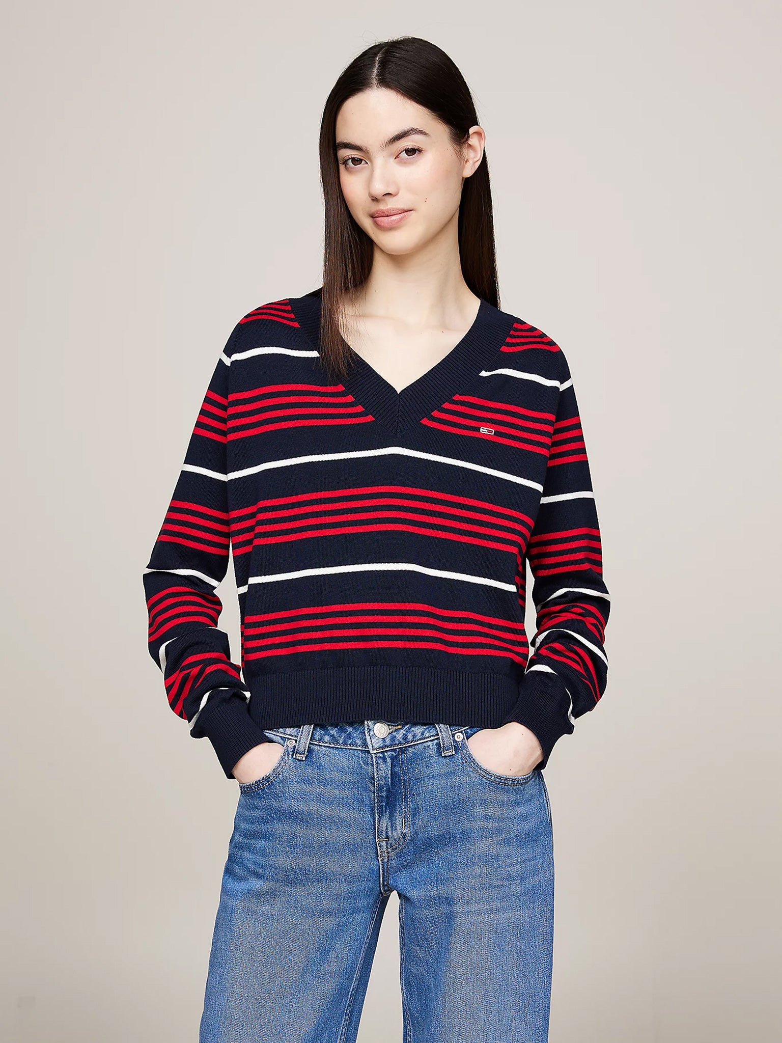 Γυναικεία μπλούζα πλεκτή TJW V-NECK STRIPE SWEATER DW0DW18652C1G | DW0DW18652C1G