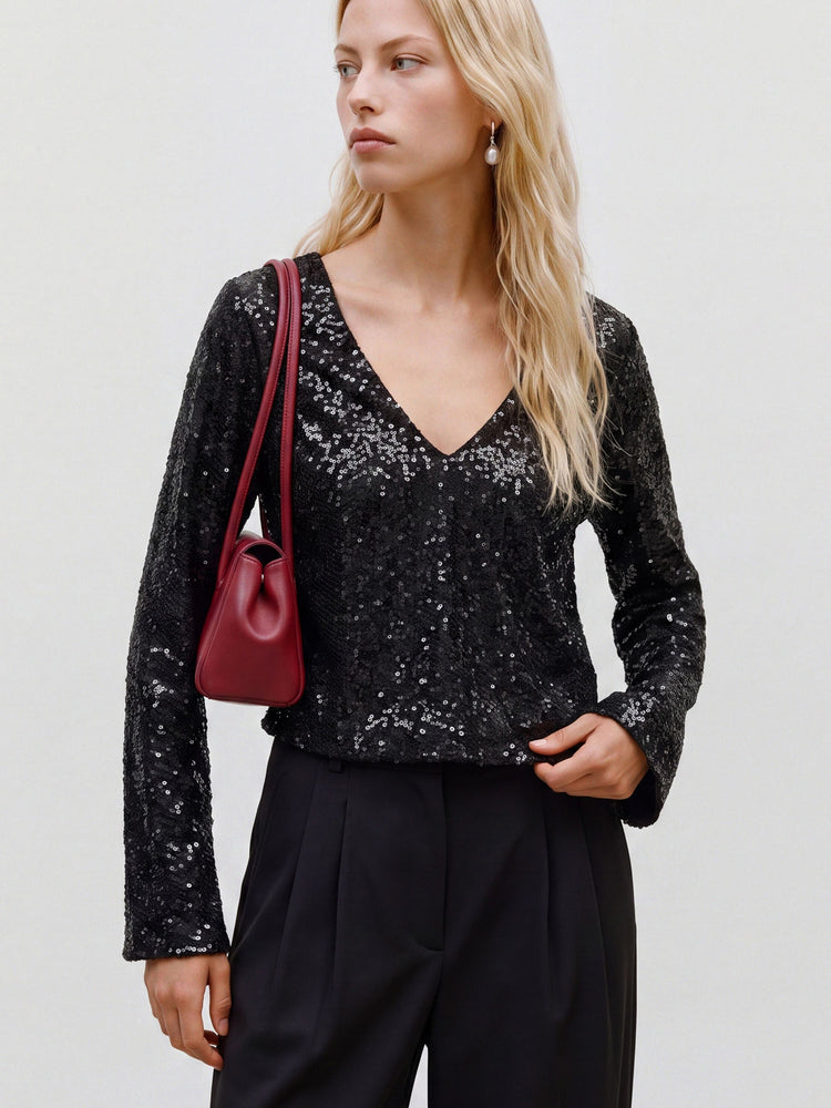 Γυναικεία μπλούζα με παγιέτα VMCLARISA LS V-NECK 2-WAY SQ TOP JRS 10352977 | 10352977